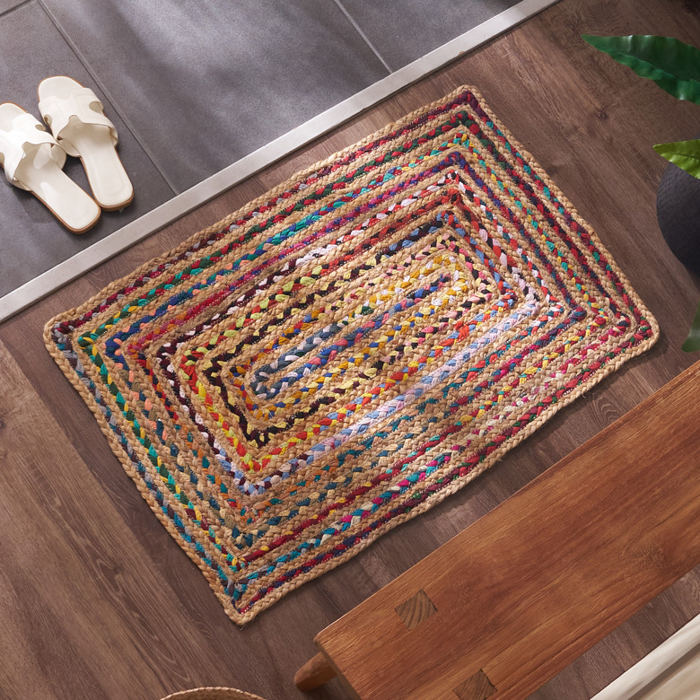 玄関マットラグジュートラグリサイクルコットン幅80cm50×80長方形約W80cmD50cmH1cmジュートマットインド麻カラフルラグマット室内屋内オールシーズン春夏秋冬エスニックサステナブルおしゃれ北欧リゾートインテリア雑貨アジアン[34628]