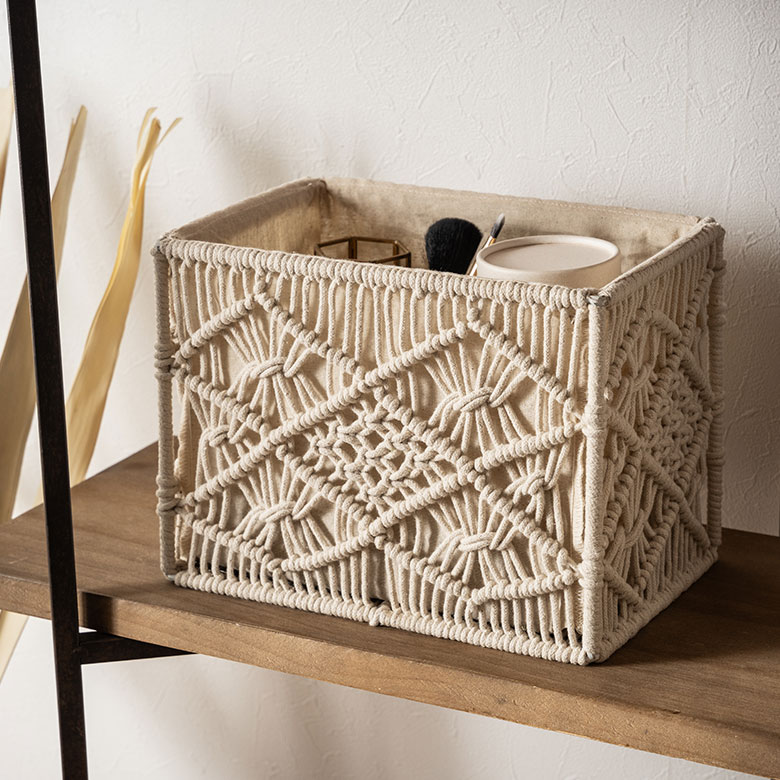 バスケット収納バスケット長方形スクエアSサイズマクラメアイアン約W27cmD17cmH20cm7.5Lアイボリーカゴバスケット収納収納ボックス収納かご収納カゴ籠かごカゴかごバスケットおしゃれ北欧リゾート雑貨インテリアBOHOサーフアジアン[34613]