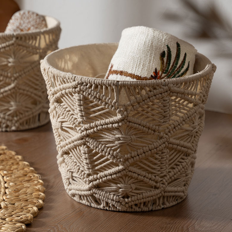 バスケット収納バスケット丸型ラウンドLサイズマクラメアイアン約W29cmD29cmH24cm9Lアイボリーカゴバスケット収納収納ボックス収納かご収納カゴ籠かごカゴかごバスケットおしゃれ北欧リゾート雑貨インテリアBOHOサーフアジアン[34617]