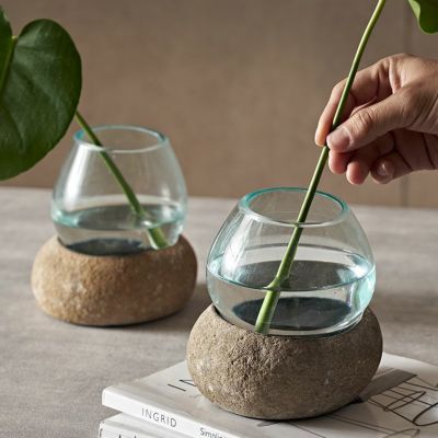 プランターオブジェ ストーン 石 ガラス オブジェ 約 W 15cm D 12cm H 15cm プランター デコレーション 水槽 水鉢 ボウル ディスプレイ アート 収納 ナチュラル テラリウム 容器 グリーン 園芸  観賞用 おしゃれ 北