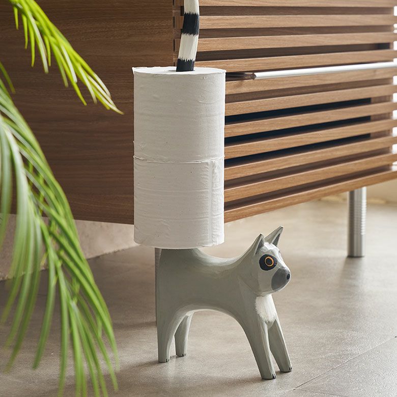 トイレットペーパーホルダー ワオキツネザル 置物 天然木 木彫り