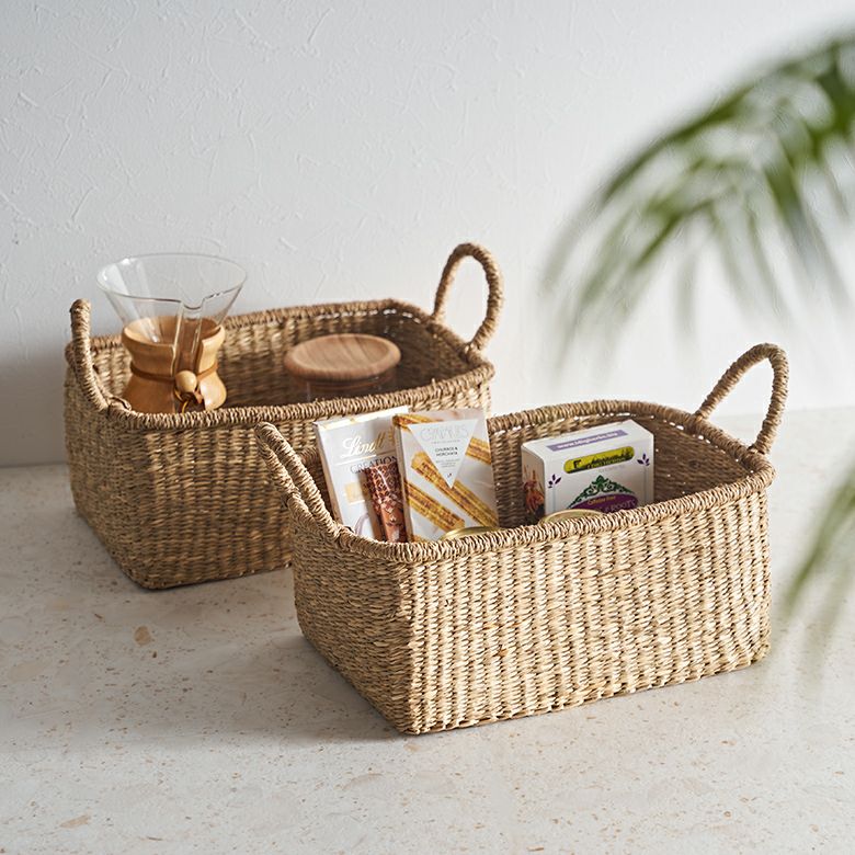 インテリア　籠 シーグラスで編まれたハンドル付きの四角いアジアン収納バスケット[51373]