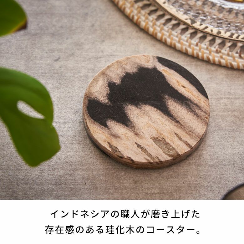 フォッシルストーンと呼ばれる木の化石で作られた丸いコースター4枚